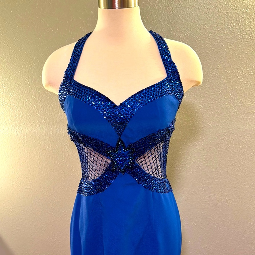Vintage royal blue formal gown with beading and sequins
